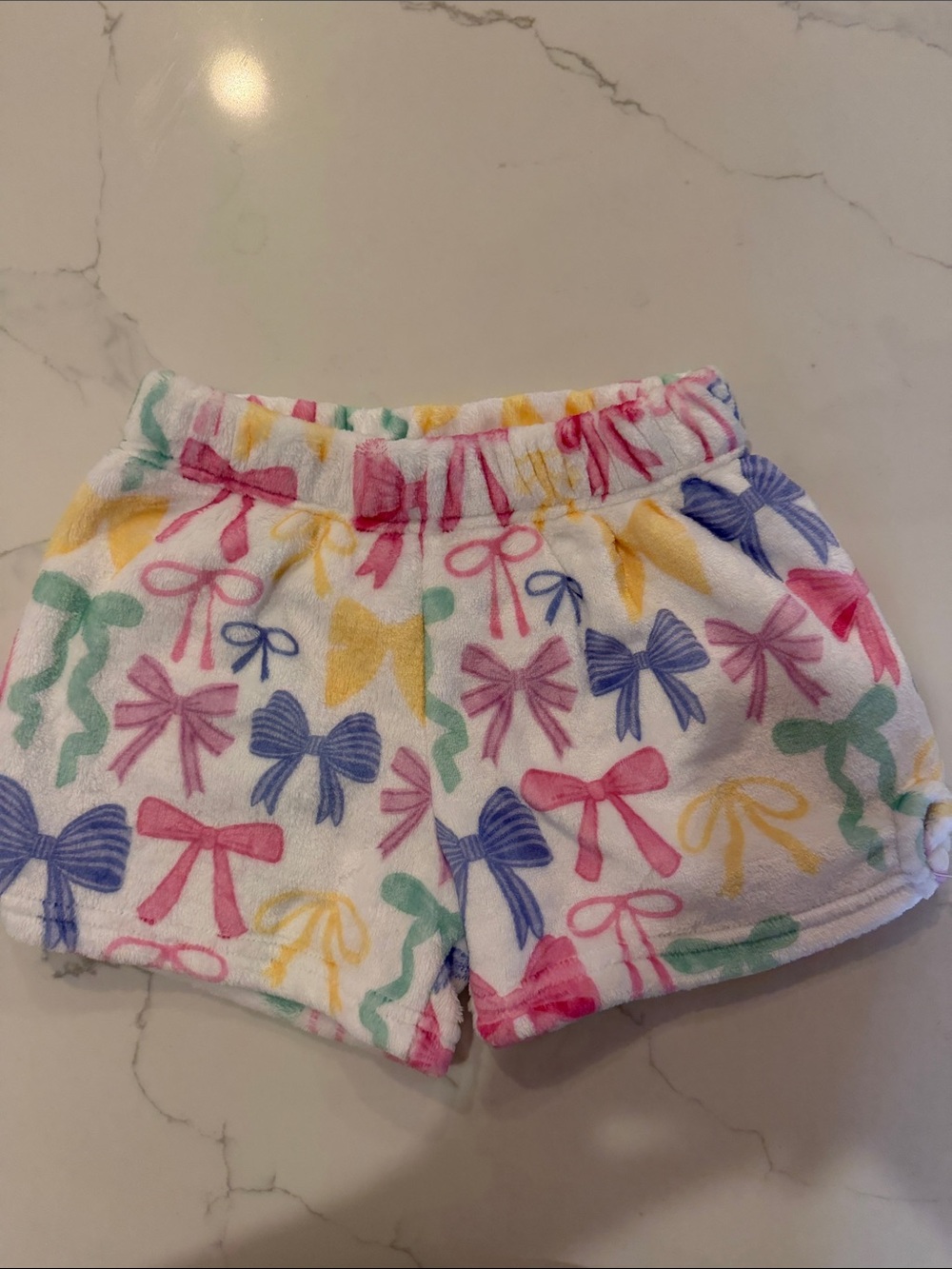 Girls White Bow Print Plush Shorts